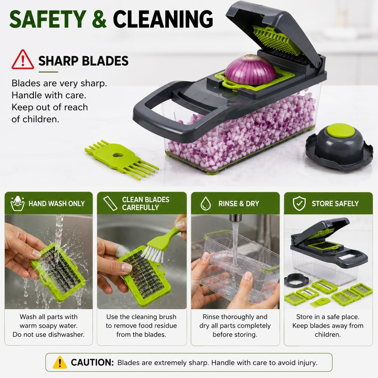 15-in-1 Vegetable Chopper and Mandoline Slicer, Onion Dicer with 8 Interchangeable Stainless Steel Blades, Food Container, Drain Basket, Safety Holder and Cleaning Tool for Fruits and Vegetables