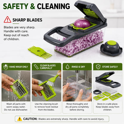 15-in-1 Vegetable Chopper and Mandoline Slicer, Onion Dicer with 8 Interchangeable Stainless Steel Blades, Food Container, Drain Basket, Safety Holder and Cleaning Tool for Fruits and Vegetables