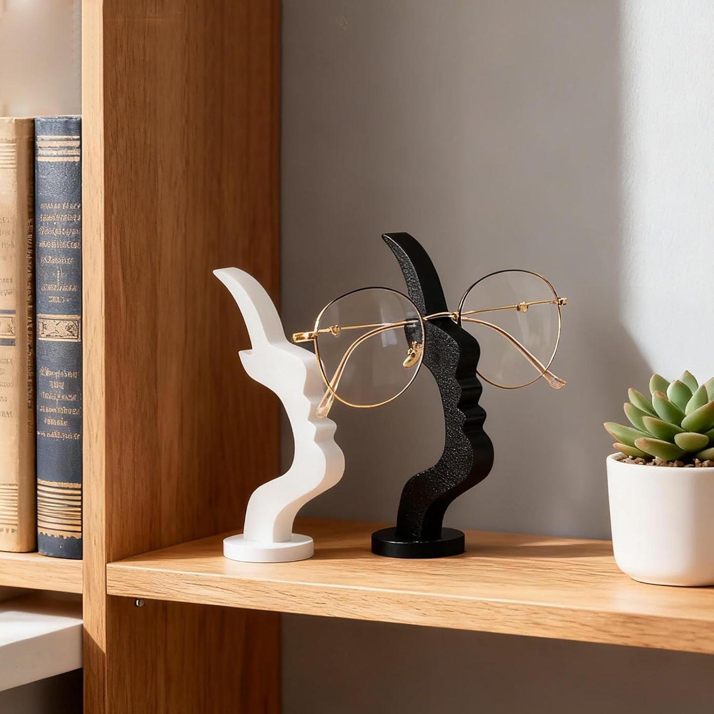 2Packs Modern Face Shaped Eyeglass Holder Stand Eyewear Display Rack Desktop Storage Organizer for Glasses Sunglasses 3D Printed Artistic Decor (black and white)