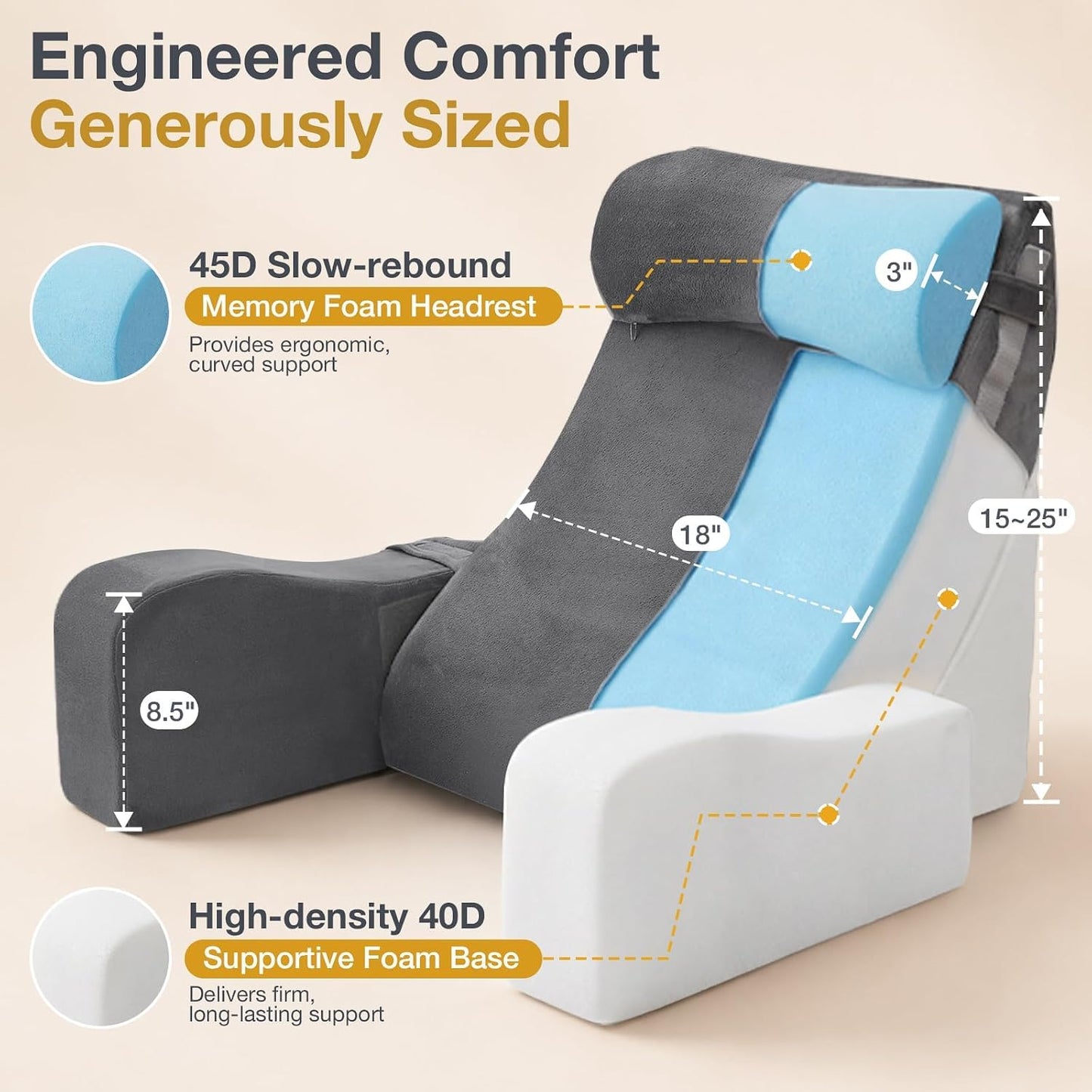 Sasttie 15-25 inch Adjustable Reading Pillow with Armrests, Dark Grey | Back Rest Pillow with Secure Side Straps, Memory Foam Back Support Cushion Bed Chair for Reading, Gaming & Relaxing
