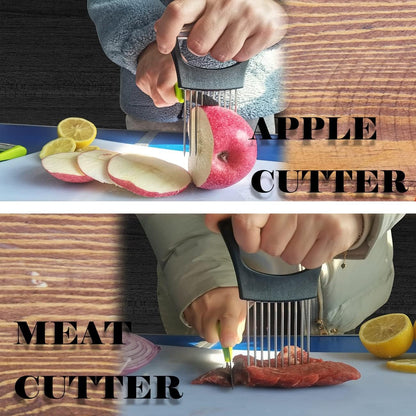 Onion Holder for Slicing - Multi-Purpose Kitchen Tool for Safe and Efficient Slicing of Onions, Tomatoes, Potatoes, Apples, and More | Stainless Steel Vegetable Cutter & Meat Tenderizer 2 PCS
