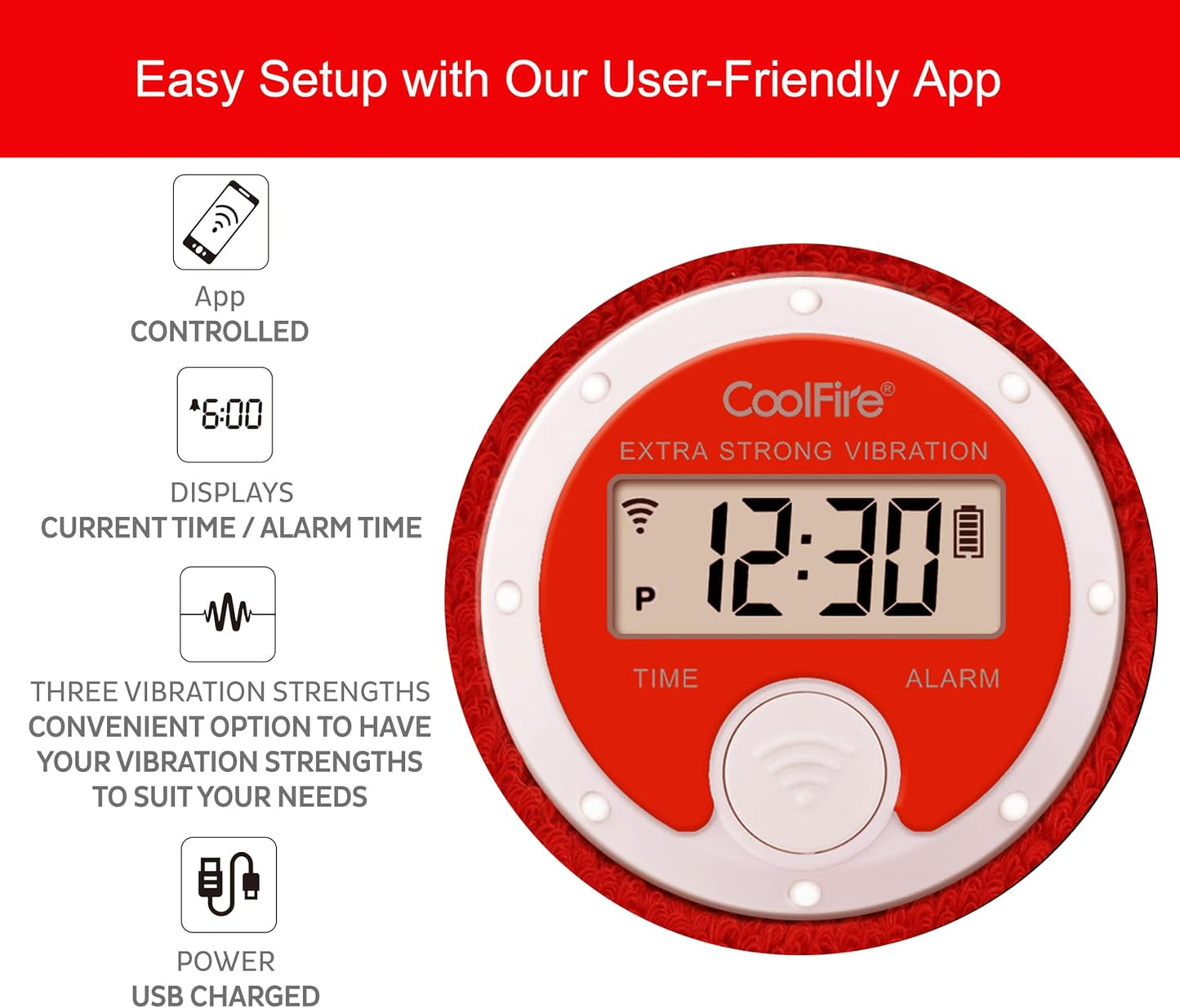 Coolfire - Vibrating Alarm Clock Sweatband, Silent Wake Yourself Up Wristband Vibrating Alarm Watch for Couples, Students, Easy to Set on User-Friendly App, Hearing Impaired, USB Chargeable