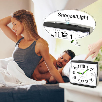 DTKID Large Alarm Clock for Bedside, Silent Non-Ticking Analog Clock with Night Light, Battery Powered, Gradually Increasing Alarm for Heavy Sleepers, Seniors