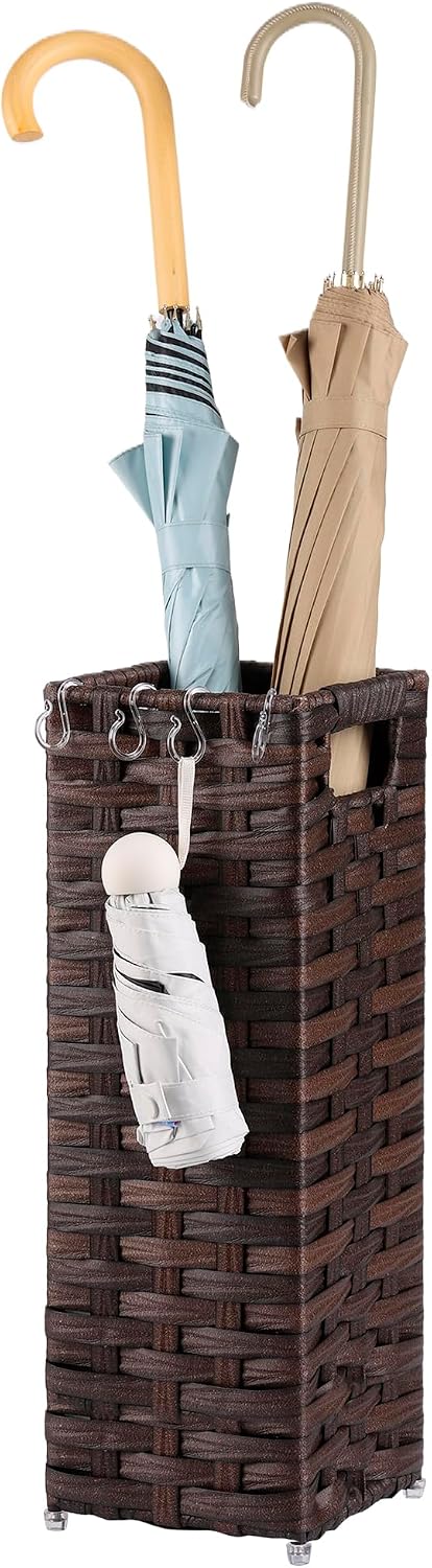 Rattan Umbrella Stand, Umbrella Holder for Entryway, Hand Woven Umbrella Rack Organizer Freestanding, with a Detachable Drip Tray, 4 Hooks, 11.8" L x 5.5" W x 16.5" H, Natural