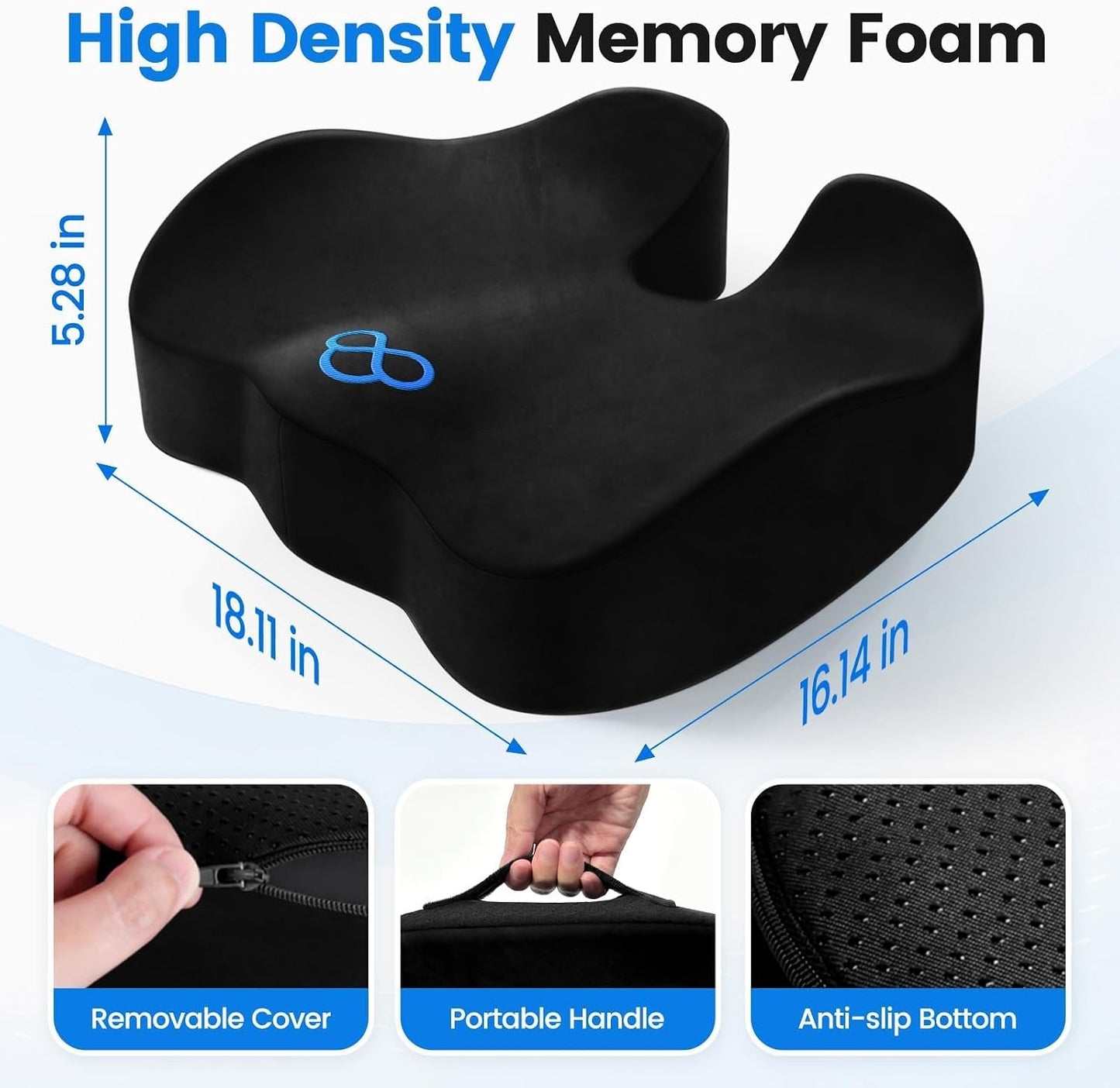 Seat Cushion, Non-Slip Memory Foam Chair Cushion for Taibone, Black/Large | Chair Pillow with Handles for Car Office Chair, Tailbone/Sciatica Easing& Post-Surgery Recovery Chair Cushion