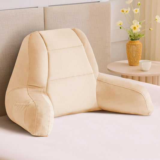 Reading Pillows for Sitting in Bed Adult, Back Pillow for Bed Sitting Up, Backrest Pillows with Shredded Foam for Adult&Teens, Support Pillow with Arms for Beds, Couch, Floor, 24in, Beige