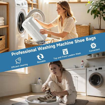 2PCS XXL Shoe Washing Machine Bag with Adjustable Shoes Trees - Heavy Duty Reusable Shoe Laundry Bag for Washer and Dryer - 360° Deep Clean & Protect Chenille Microfiber Sneakers Wash Bags - White