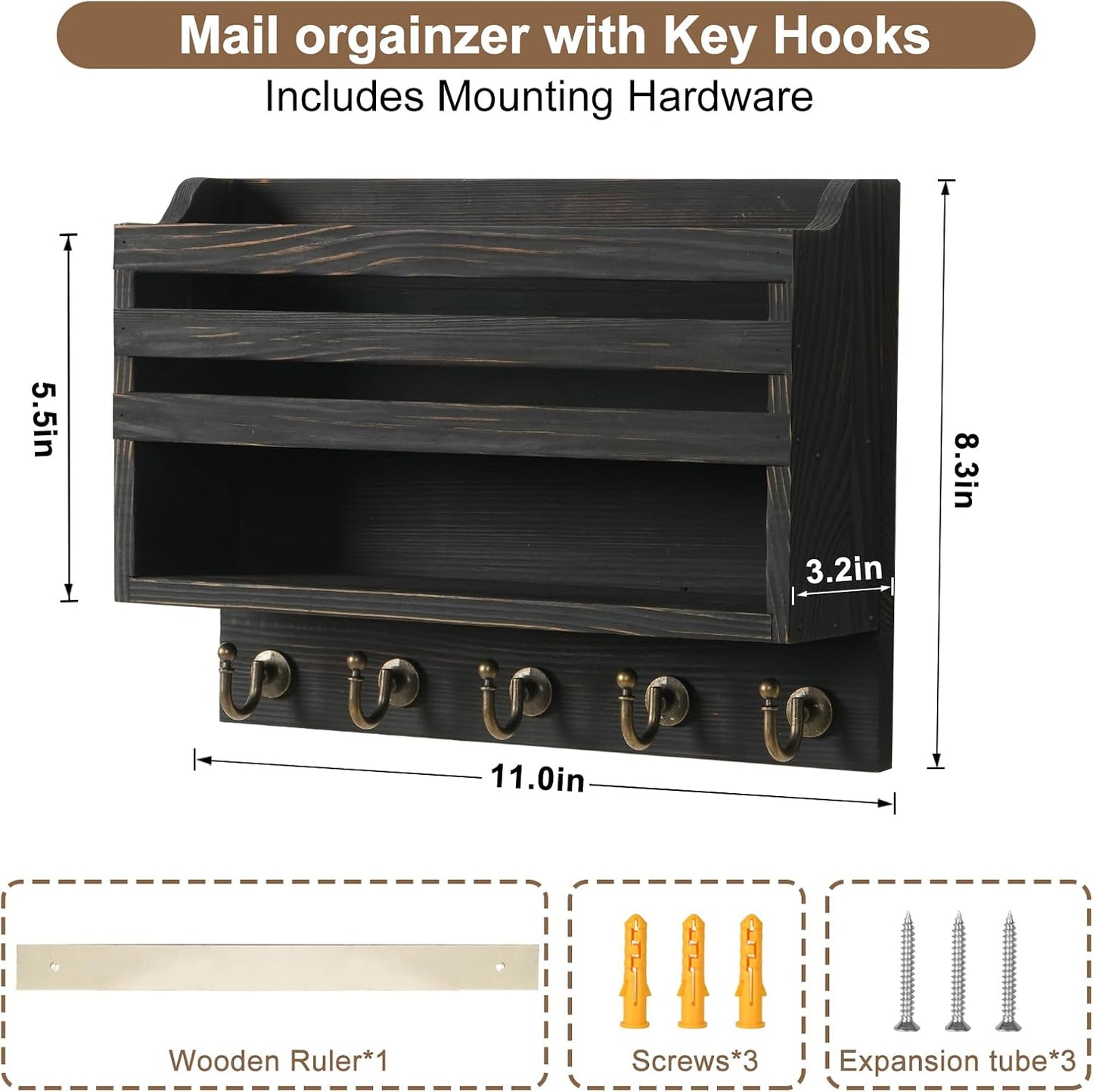 Key Holder Wall Mount with Mail Organizer, 5 Key Hooks, Brown | Wood Mail Organizer Wall Mounted with 5 Key Hooks & Storage Box and Mail Organizer for Entryway, Apartment, Home and Office