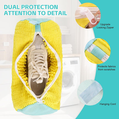 Shoe Washing Machine Bag Reusable Sneaker Washing Bag with Built-in Fluffy Brushes for 360° All-Around Cleaning, Laundry Shoe Bag is Designed for Washer and Dryer （Yellow 2pcs）