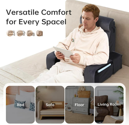 Vekkia 21" Reading Pillow for Bed with Adjustable Arms and XL Side Pockets | 60° Wedge Back Support, Washable Cover, Support Chair for TV, Gaming, Working, Nursing, Recovery in Bed & Floor, Black/Gray