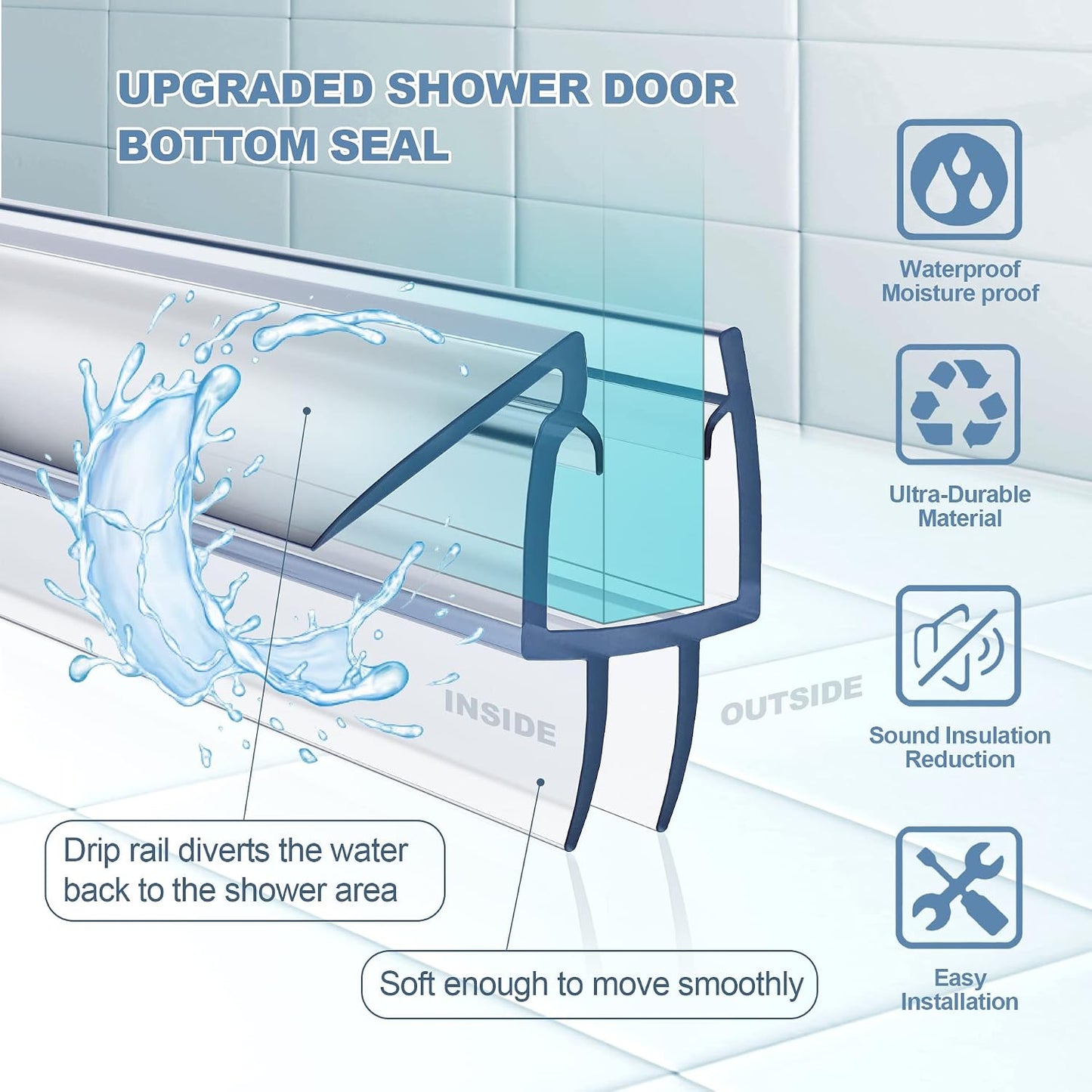4 Pack Shower Door Bottom Seal Strip for 3/8 Inch Glass Door | Clear PVC shower door seal strip for 3/8 inch frameless glass doors, helps block water leaks and keep floors dry.