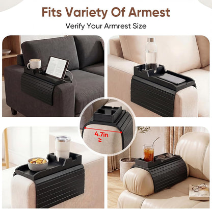 Bamboo Couch Arm Tray Table with Built-in Cup Holder, Foldable Anti-Slip Sofa Armrest Table for Drinks, Phone & Remote, Fits 4.7–16.9 in Armrests, Holds Cups up to 3.5 in Diameter (Bamboo)