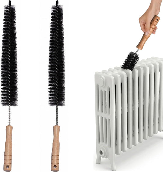 Radiator Brush, 17" Flexible Radiator Cleaner, Wooden Handle, 2-Pack | Multipurpose Dryer Lint Brush & Refrigerator Coil Cleaning Brush for Lint Trap, Pet Hair, Vent Cleaner, Narrow Gaps & Duster