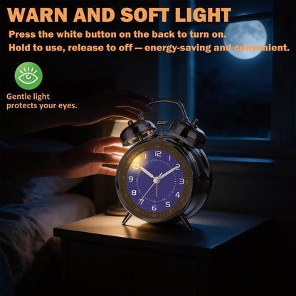 4.5" Metal Loud Alarm Clock for Heavy Sleepers Adults, Analog Battery Operated Alarm Clock with Bells Glow in Dark Numbers, Silent Old School Bedside Desk Clock for Bedroom Office Kids, Black