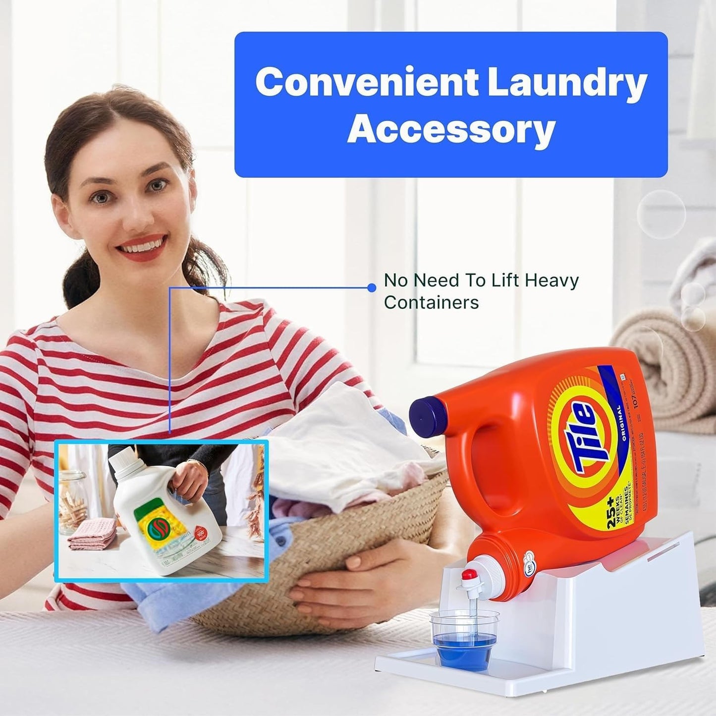 TidyFriend No-Spill Liquid Laundry Detergent Dispenser Holder, Laundry Soap Dispenser Holder with Drip Tray for Laundry Room Organization, Angled Downward Slope for Easy Pouring (No Strap, Ivory)