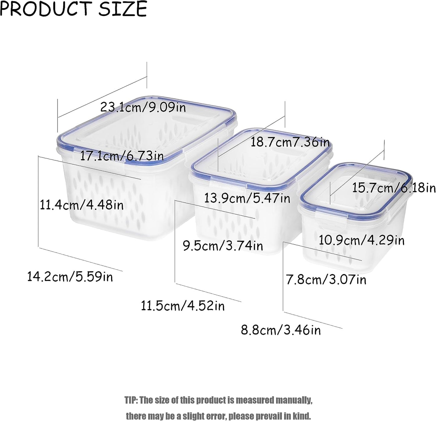 Fruit and Vegetable Storage Containers for Fridge, 6 Pcs/3 Sets Keep Fresh Produce Saver Containers Keeper, Food Storage Containers with Removable Colander (grey)