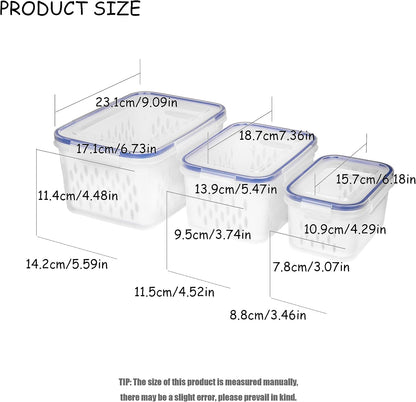 Fruit and Vegetable Storage Containers for Fridge, 6 Pcs/3 Sets Keep Fresh Produce Saver Containers Keeper, Food Storage Containers with Removable Colander (grey)