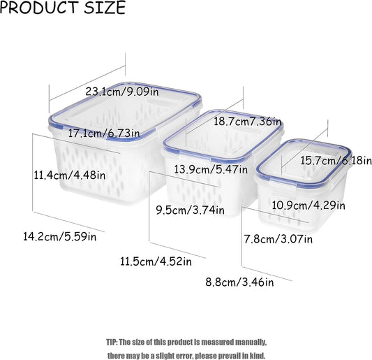 Fruit and Vegetable Storage Containers for Fridge, 6 Pcs/3 Sets Keep Fresh Produce Saver Containers Keeper, Food Storage Containers with Removable Colander (grey)