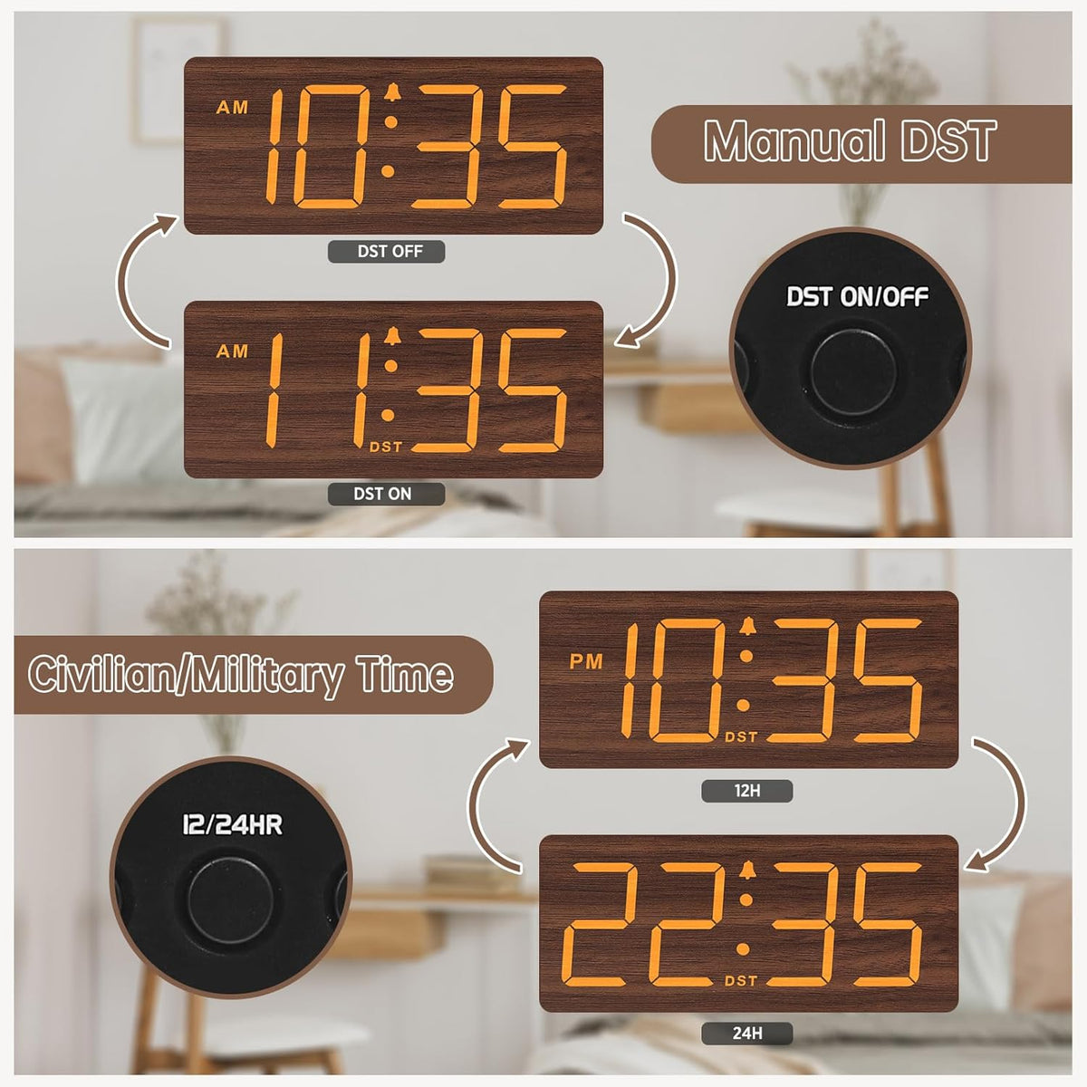 DreamSky Wooden Digital Alarm Clock for Bedroom with Large Numbers