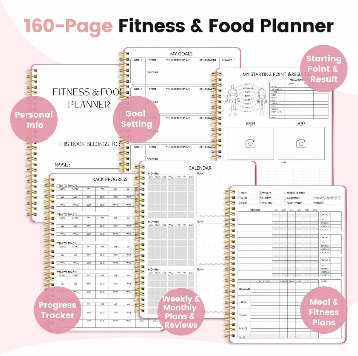 Fitness & Food Journal for Women, Undated 150-day Workout & Wellness Planner with Measuring Tape, Pink Weight Loss Journal for Setting Goals Tracking Exercise Training Diet Progress (9.5’’*7’’)