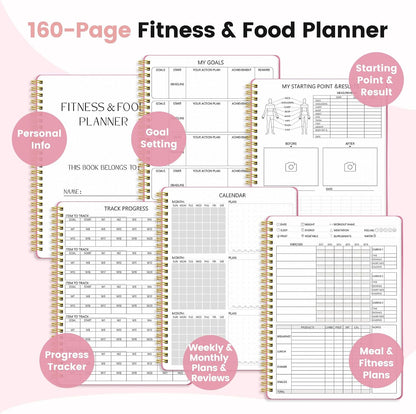 Fitness & Food Journal for Women, Undated 150-day Workout & Wellness Planner with Measuring Tape, Pink Weight Loss Journal for Setting Goals Tracking Exercise Training Diet Progress (9.5’’*7’’)