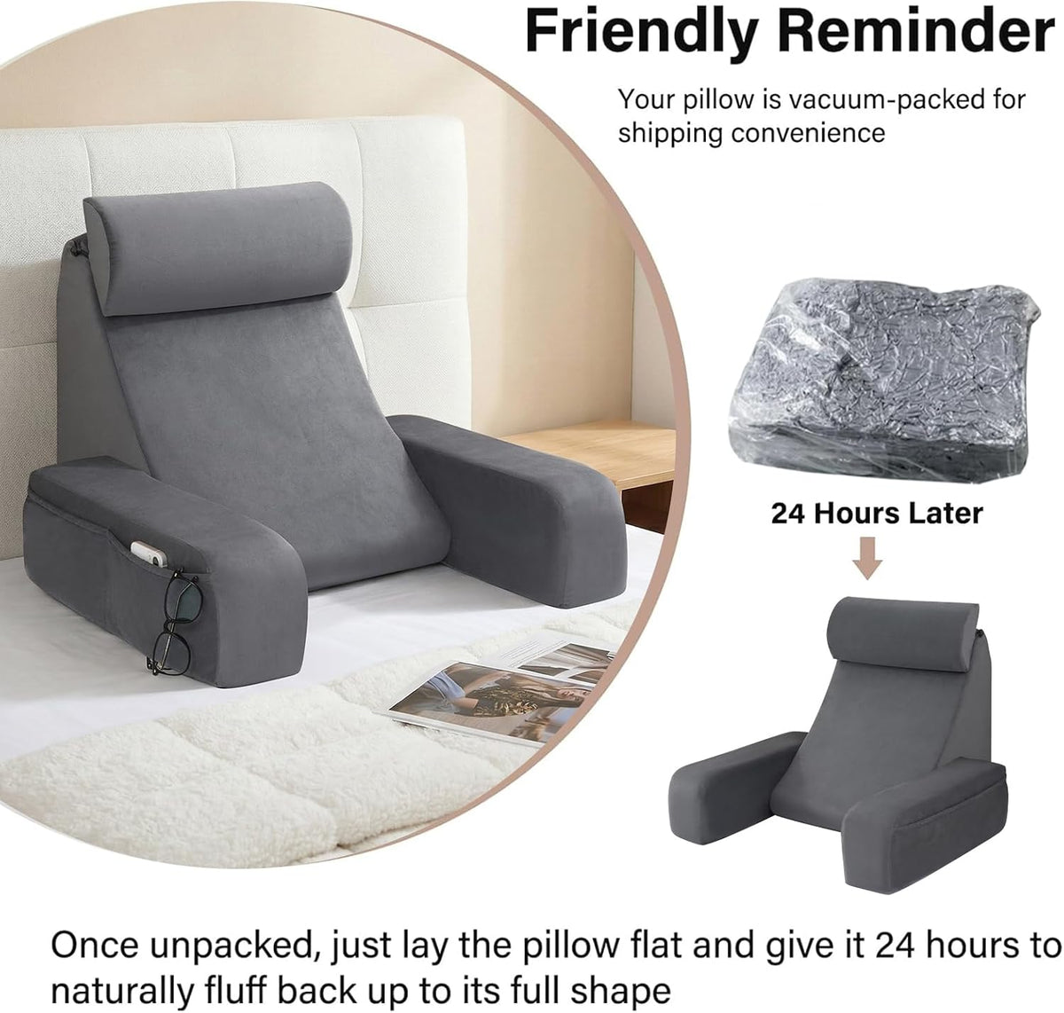 ENITYA 21" Reading Pillow for Bed with Firm Back Support & Big Pockets