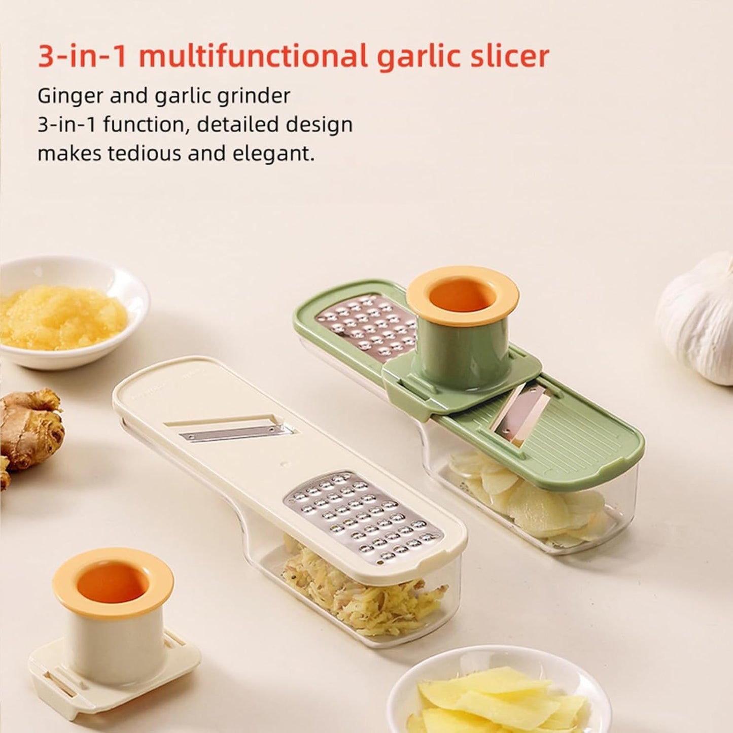 ANIS・KEBBR 3-in-1 Stainless Steel Garlic Grinder Slicer Shredder Easy Clean Safe Kitchen Food Cutter with Hand Guard