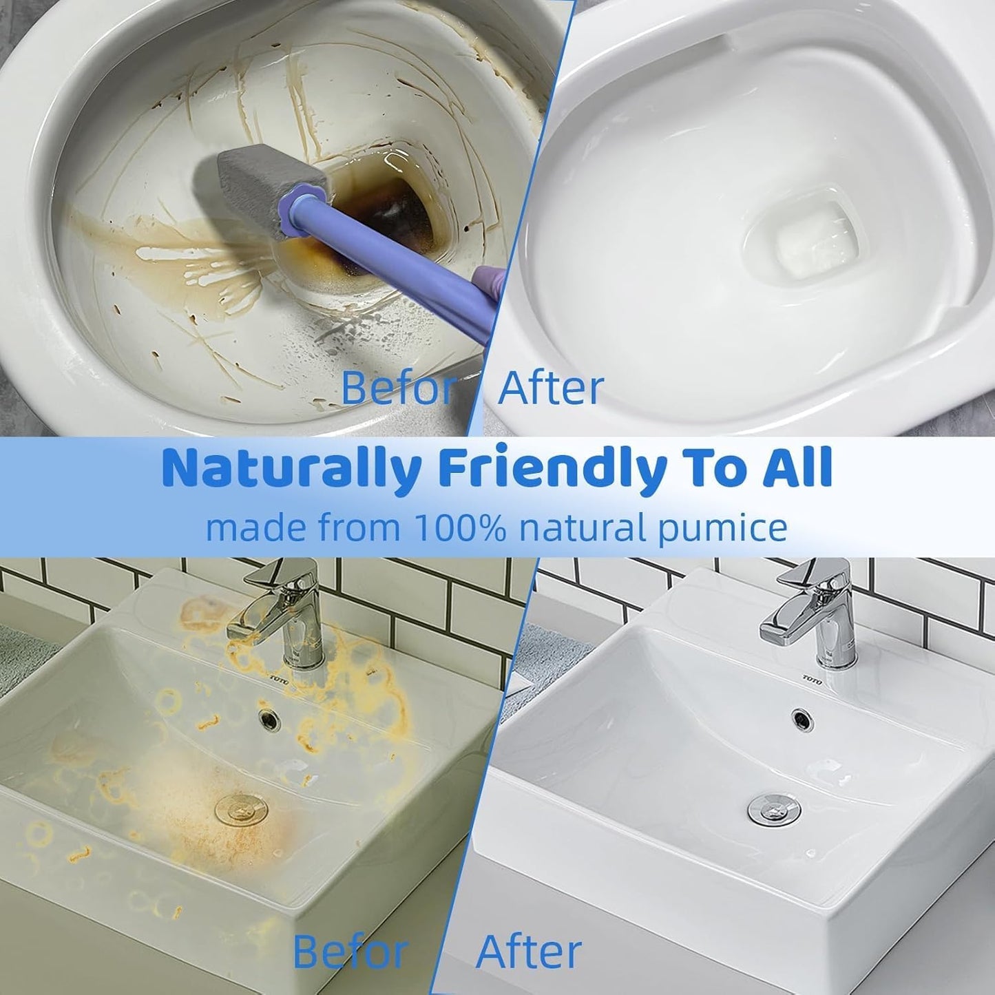 Pumice Stone Toilet Bowl Cleaner for Hard Water Ring & Stains | Removes hard water rings, calcium buildup & rust stains from toilet bowls without scratching porcelain.