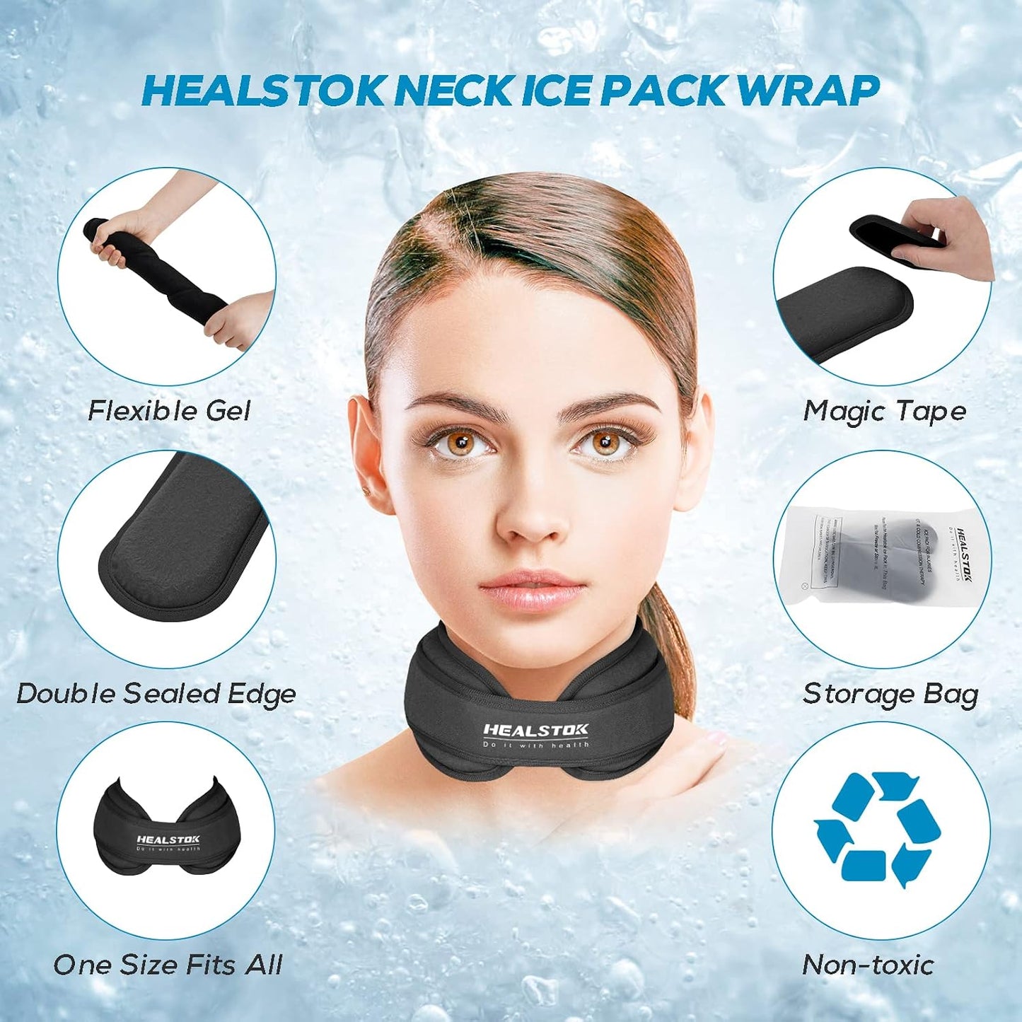 Neck Ice Pack Wrap,Cervical Ice Pack,Cold Compress Ice Packs for Injuries Reusable Cold & Hot Therapy Adjustable Flexible Gel Migraine Ice Head Wrap for Neck Pressure (Black)