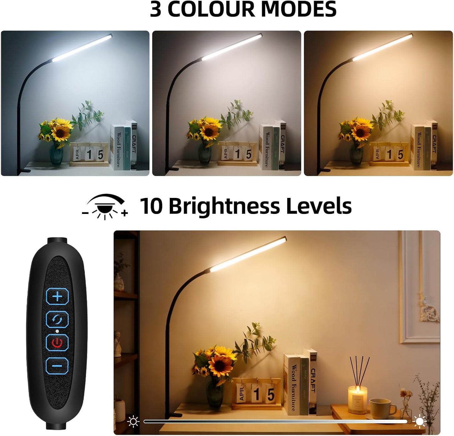 Clip on Desk Lamp with Clamp,Dimmable Eye Caring Book Reading Light for Bed | 54 LED 3 Color 10 Brightness, Push Button,USB Powered with Adapter, Flexible Gooseneck Clamp Lamp for Computer Workbench Nail