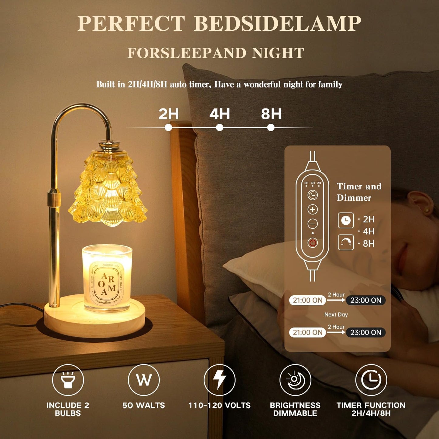 Fragrance Candle Warmer Lamp with 2 Bulbs Electric Candle Warmer with Timer & Dimmer for Home Decor