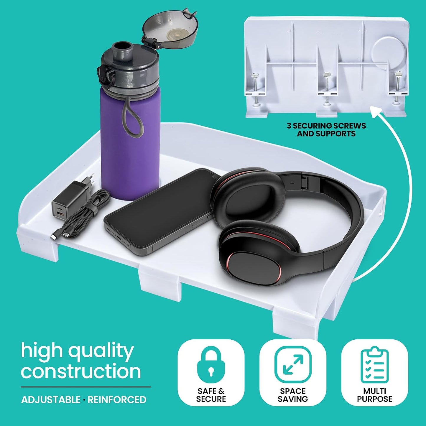 Modern Innovations 2 Count Bedside Organizer for Bed – Clip On Tray with Cup & Cord Holder – for College Dorm, Top Bunk, or Kids Bedroom (White)
