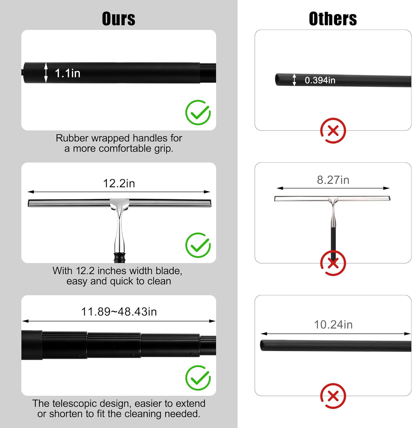 Toncoke 2 in 1 Window Squeegee, Shower Squeegee Window Cleaning Kit with Extension Pole Long Handle Squeegee for Shower Glass Floor Bathroom Home Outdoor, 12 inch Wide, Black