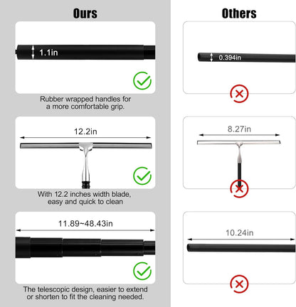 Toncoke 2 in 1 Window Squeegee, Shower Squeegee Window Cleaning Kit with Extension Pole Long Handle Squeegee for Shower Glass Floor Bathroom Home Outdoor, 12 inch Wide, Black