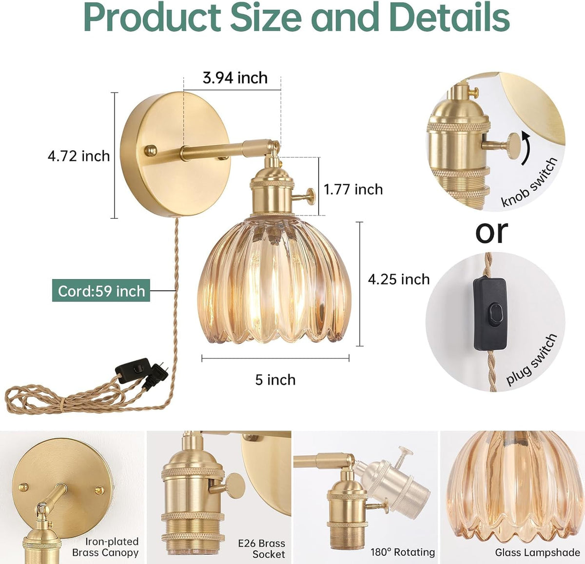 Shenmoyl Vintage Battery Operated Wall Sconce with Green Tulip Glass Lampshade Rechargeable Battery Powered Wall Light with Remote Control for Bedside Bedroom Doorway