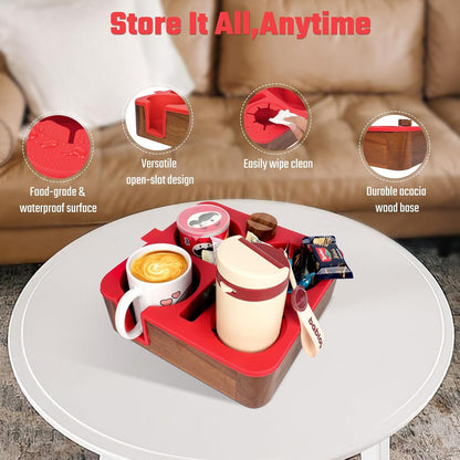 Couch Cup Holder Tray, Real Acacia Wooden Caddy with Soft Silicone, Snack and Drink Organizer- Perfect Movie Night Accessories for Bed, Remote and Cup Holders for Sofa (Black)