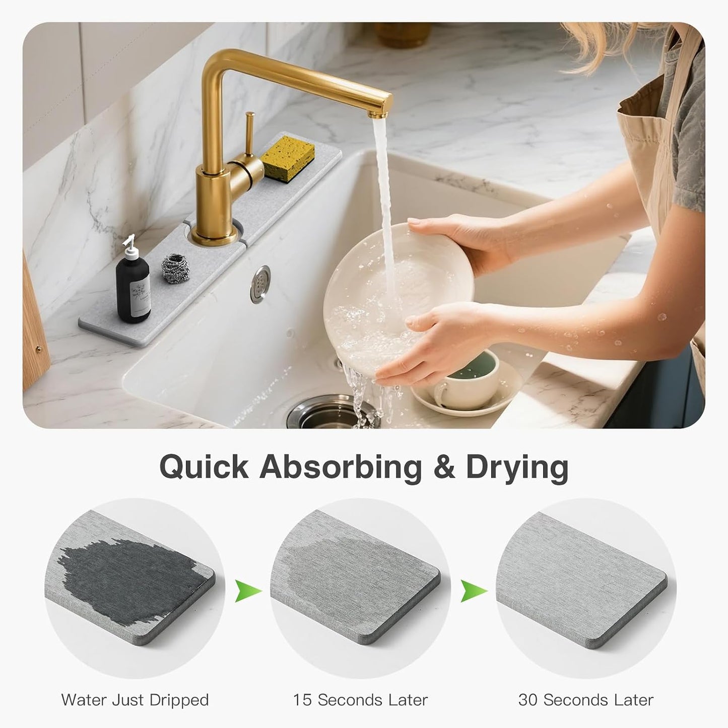 Premium Stone Faucet Mat for Kitchen Sink, 30" x 4" White | Quick Drying & Water Absorbent, Sink Splash Guard Tray for Prevents Moisture Buildup