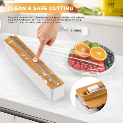 Magnetic Plastic Wrap Dispenser with Cutter - Practical Refillable Aluminum Tin Foil and Plastic Wrap Organizer for Drawer, Including an Extra Roll of 12"X 164' Food Cling Film - Black