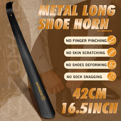 ZOMAKE Shoe Horn Long Handle for Seniors Men Women, Metal Shoehorn 16.5" | Stainless Steel Boot Horn Shoe Spoon Helper, Smooth Rounded Curve, Comfort Grip, No Bending Over, Shoe Care for Daily Use