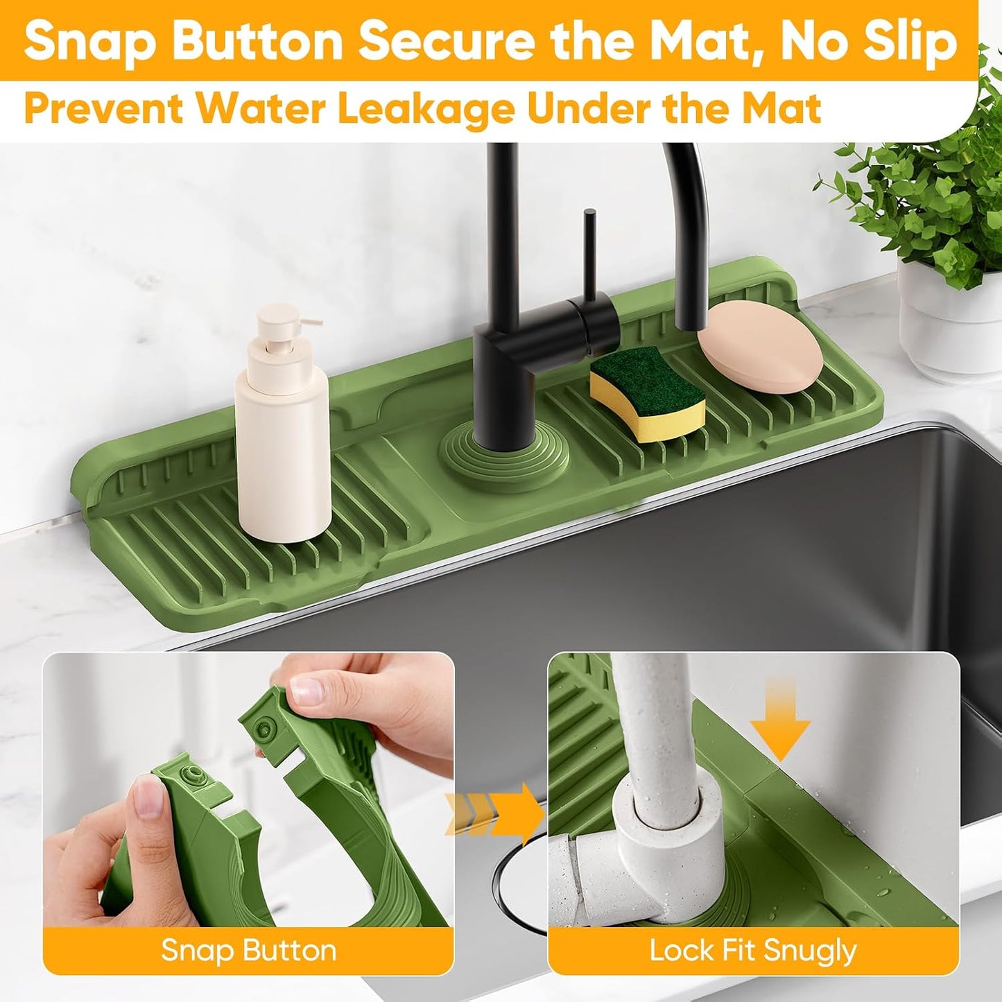 24'' Longer Faucet Mat for Kitchen Sink Splash Guard[7° Slope Fast Self-draining][Snap Lock Fit]Kitchen Sink Faucet Mat Splash Guard Kitchen Sink Area Water Splash Guard Behind Faucet Draining Mat