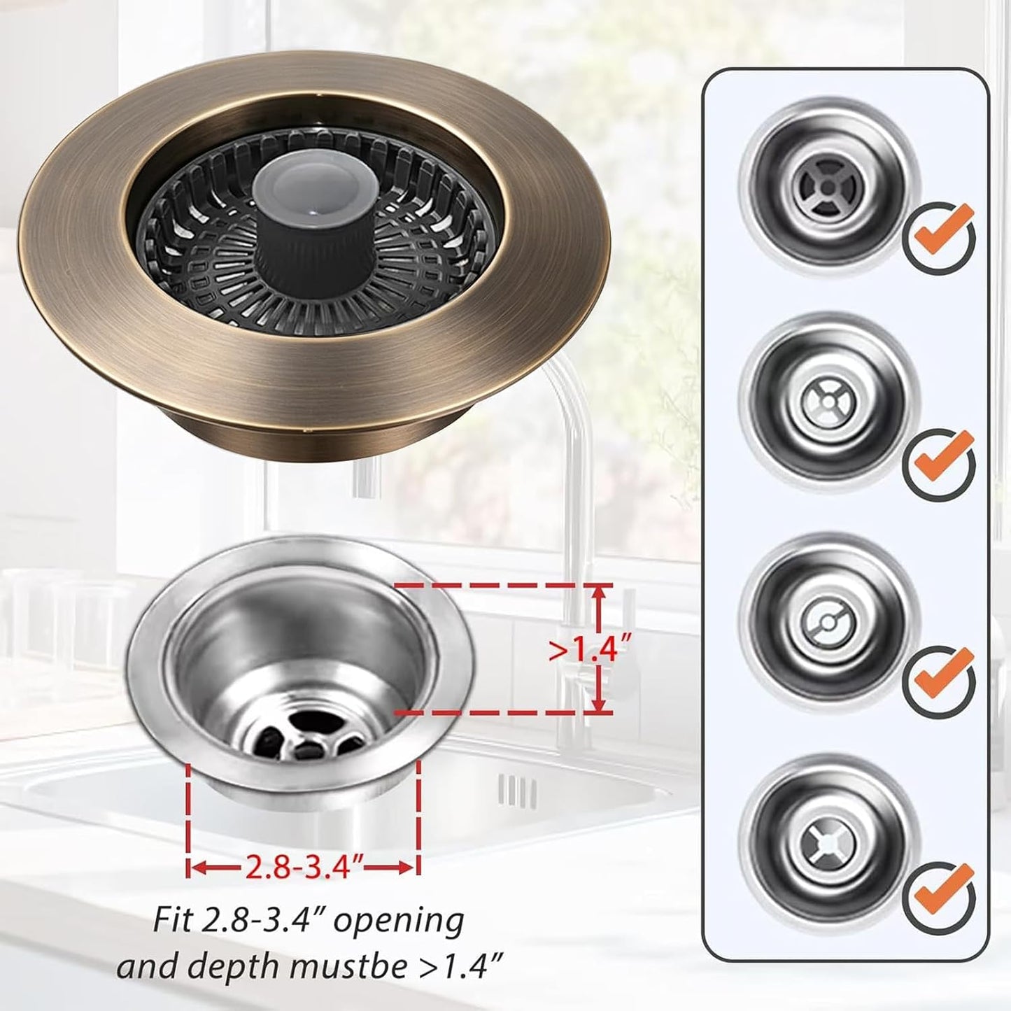 Anlige Kitchen Sink Drain Strainer, 3 in 1 Pop Up Kitchen Sink Stopper, with An Extra Basket Strainer, Universal for US Standard 3-1/2 Inch, Chrome Silver