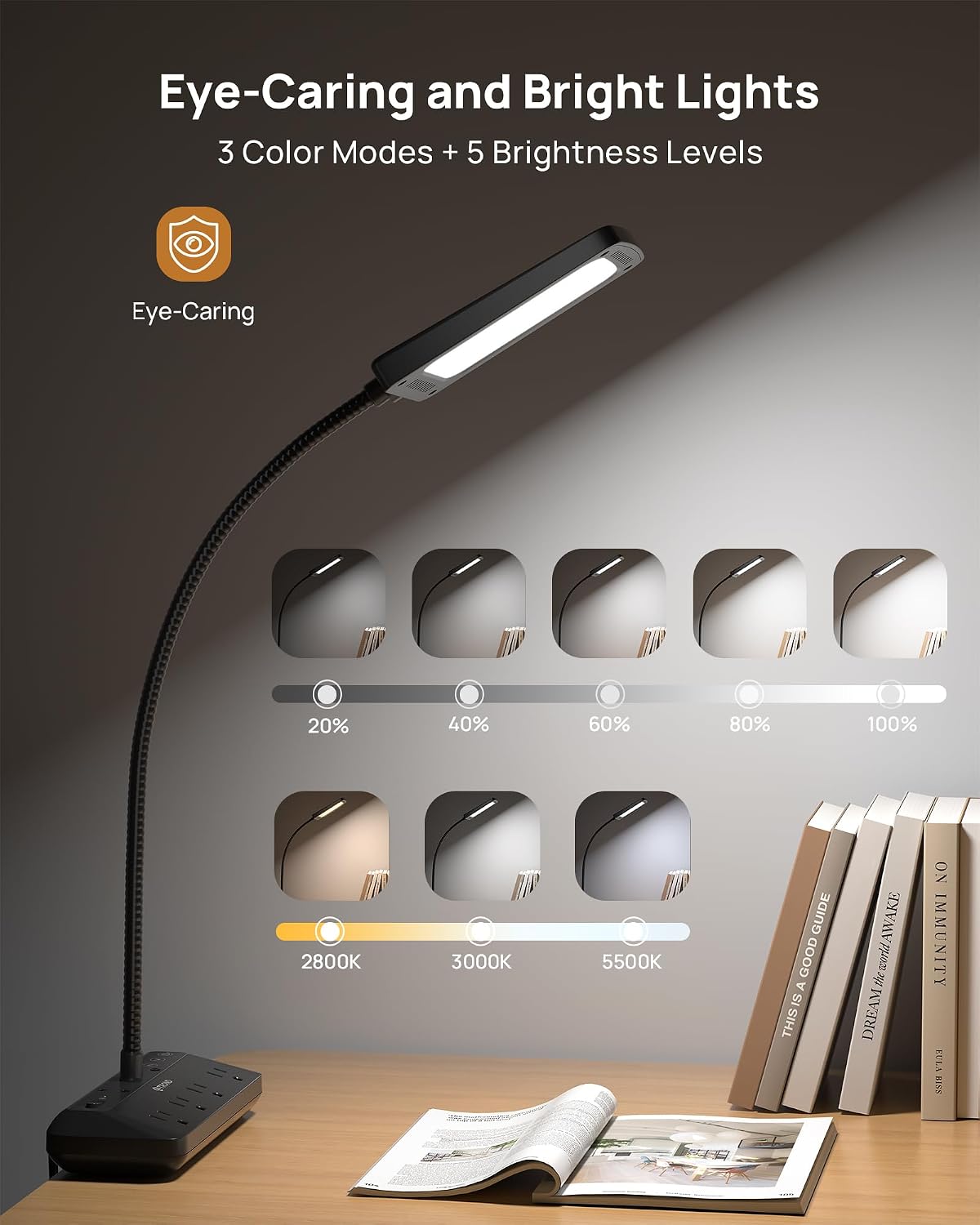 TROND LED Desk Lamp with Clamp, 1000LM Super Bright 3-Level Dimmable Desk Light 6000K Daylight, Extra-Long Flexible Gooseneck Clip on Light, Eye-Care Clamp Lamp for Painting, Workbench,Reading, Sewing | 6000K Daylight Extra-Long Flexible Gooseneck Clip