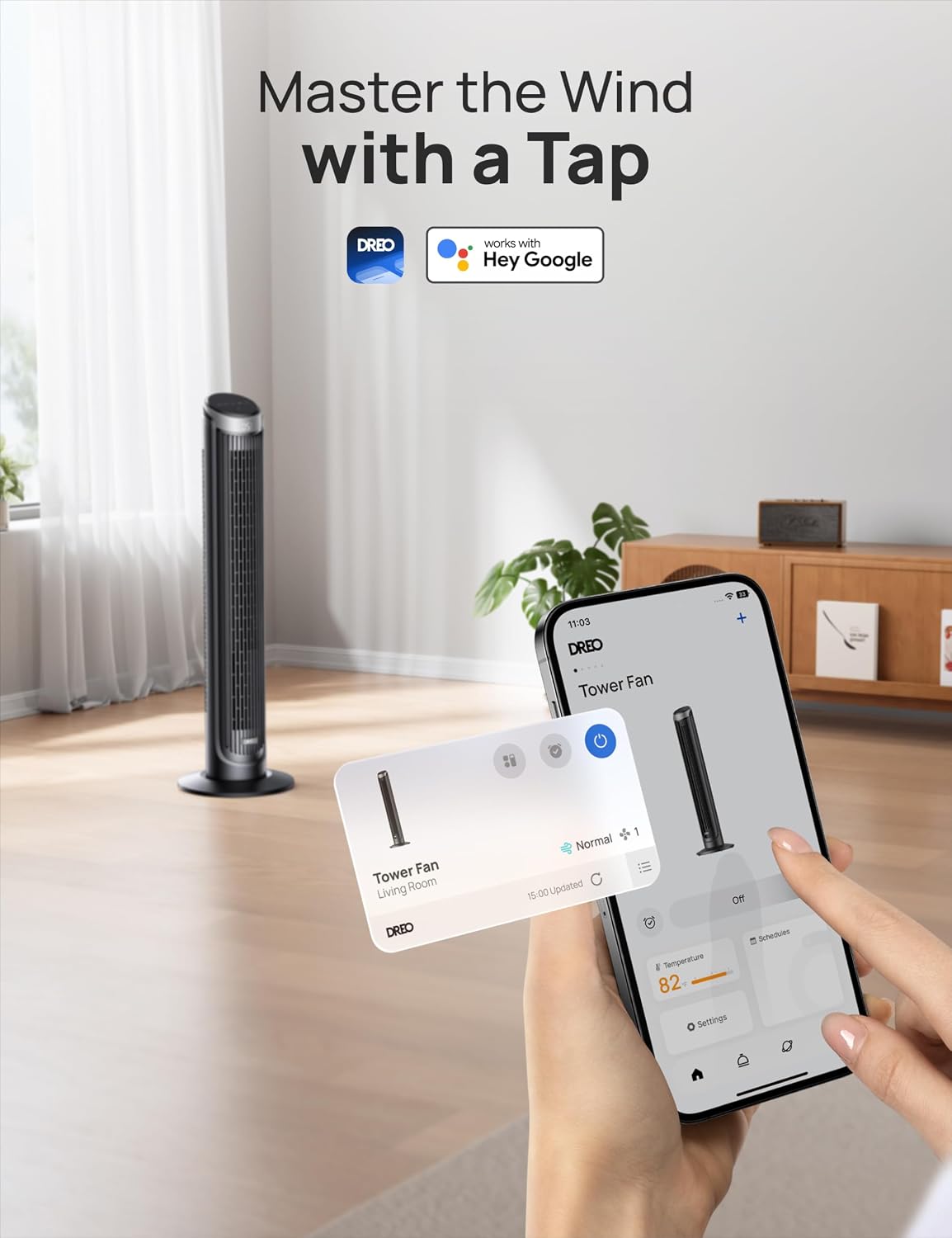 DREO Smart Tower Fan for Bedroom, 90° Oscillating Fan, 26ft/s Wind, 28dB