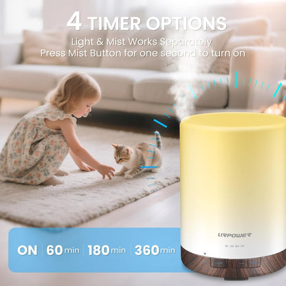 URPOWER 300ml Essential Oil Diffuser: Ultrasonic Aromatherapy Diffuser Quiet Auto Shut-Off, 4 Timer Settings(1H 3H 6H ON) & 7-Color Night Light Humidifier for Yoga Bedroom Living Room Office