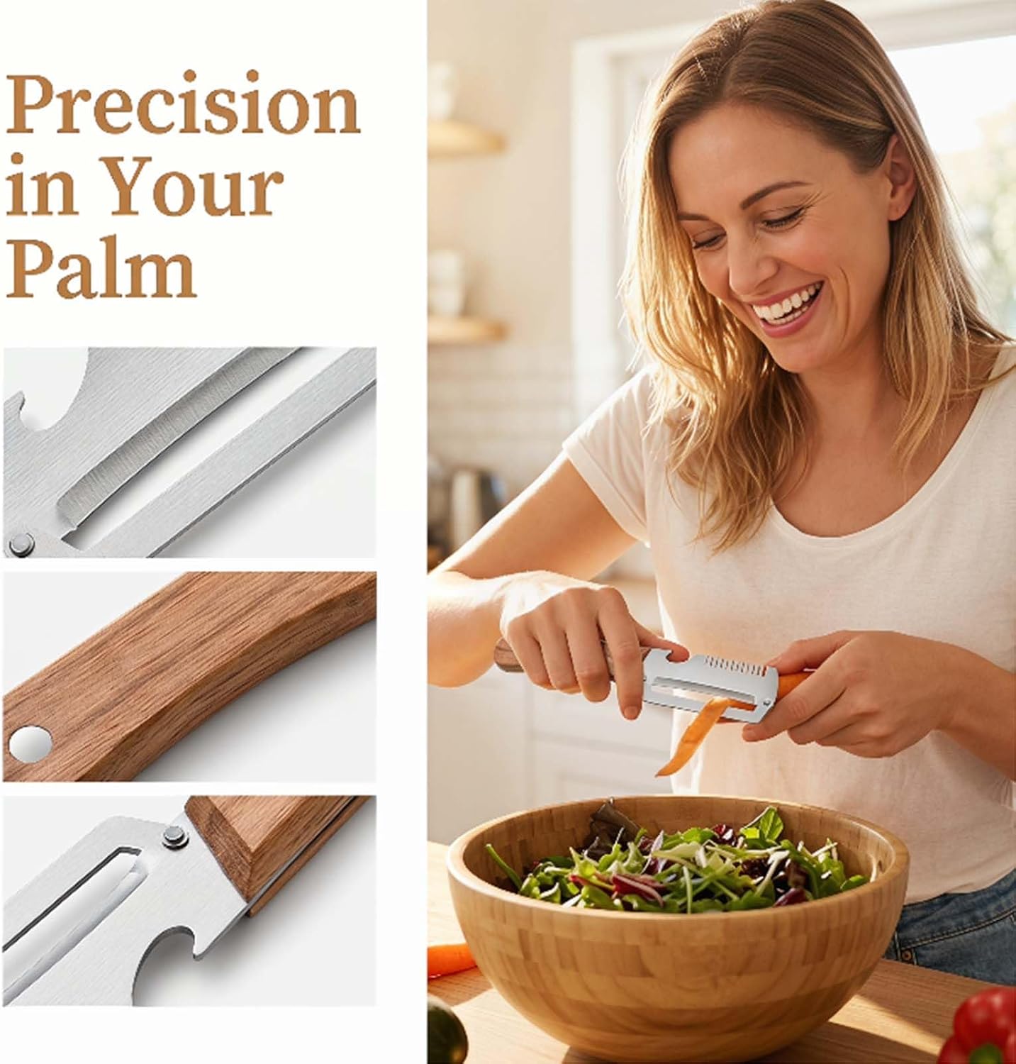 2PCS Multifunctional Vegetable Peeler, Premium Vegetable Peeler with Wooden Handle, 3-in-1 Peelers For Kitchen with Bottle Opener, Stainless Steel Blade Kitchen Tool for Vegetables Fruit