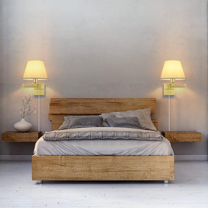 TRLIFE Wall Sconce Plug in, Dimmable Wall Sconces Set of Two Swing Arm Wall Lights with Plug in Cord and On/Off Dimmer Rotary Switch, 9.4" Medium Beige Fabric Shade(2 Pack, 2 Bulbs)