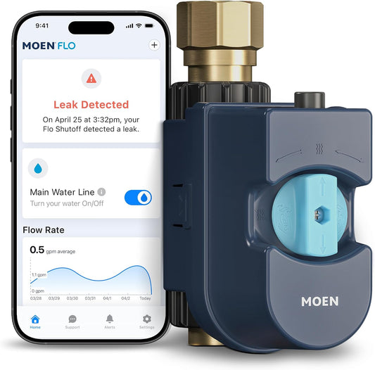Moen Flo Shutoff, 3/4" Automatic Water Leak Detector & Shutoff, 900-001 | Automatic Shutoff, Leak Detection, MicroLeak Tests, Monitors Flow, Pressure, Moisture, and Temperature, WiFi App Control