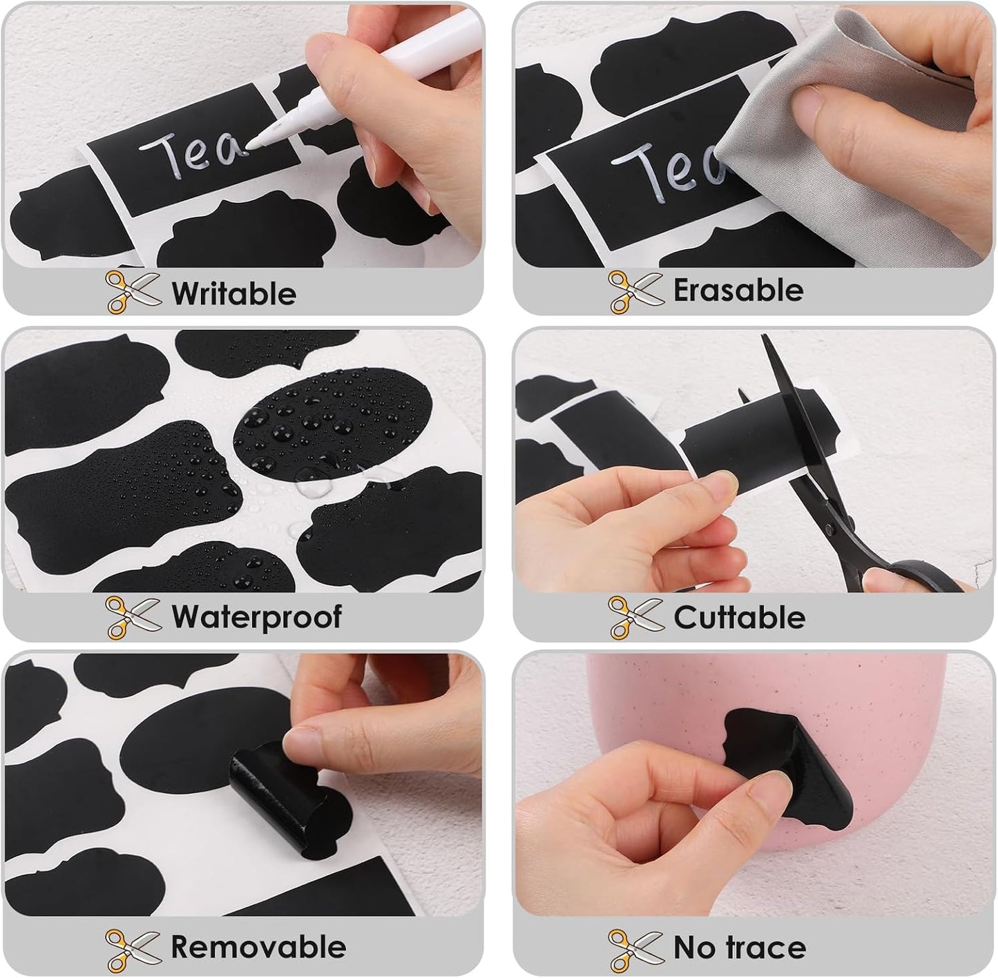 250 PCS Chalkboard Labels, 8 Styles Waterproof Blackboard Stickers Roll with Pen Erasable Reusable Waterproof Self-Adhesive for Mason Jars Food Storage Home Office Kitchen Organizing Craft