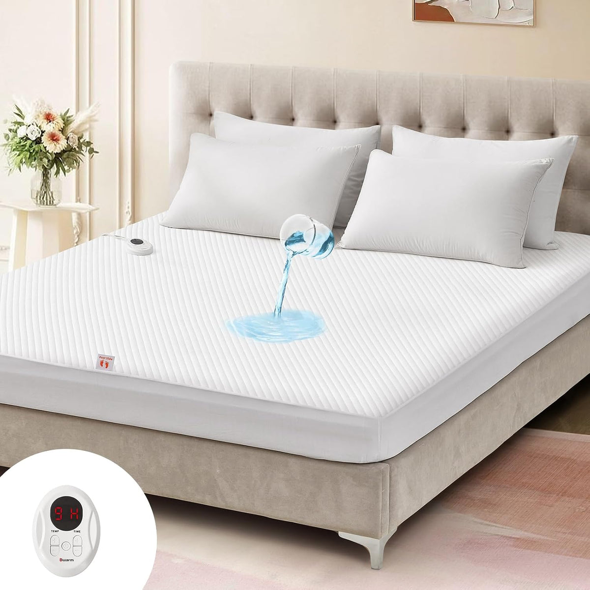 Bwarm Waterproof Heated Mattress Pad Foot Queen, 9 Heat Settings