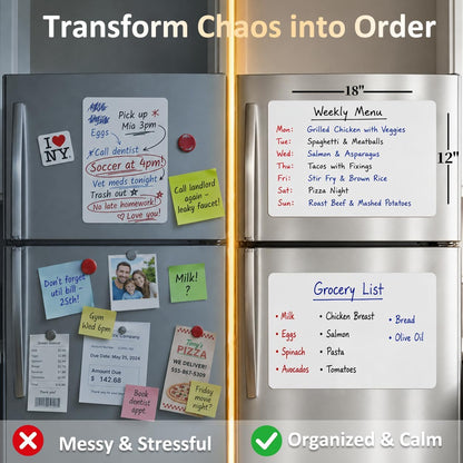 Magnetic White Board for Refrigerator Plan Weekly Menus at a Glance | Dry Erase Sheet for Meal Schedules - 12" x 8" Kitchen Command Center for Busy Moms with Magnet Backing Packed Flat